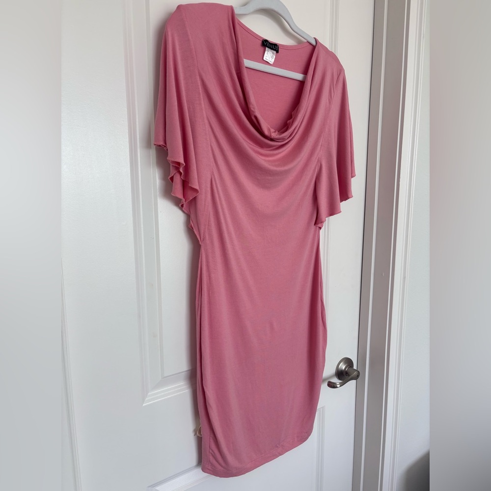 VENUS Pink Cowl Neck Flutter Sleeve Dress Resortwear Vacation Date Night Medium